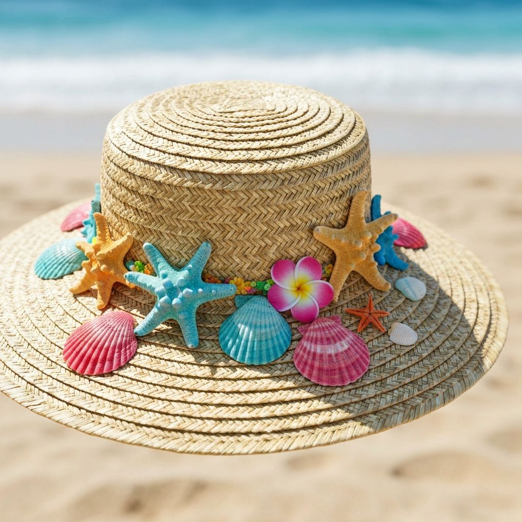 Straw bucket hat and beach accessories