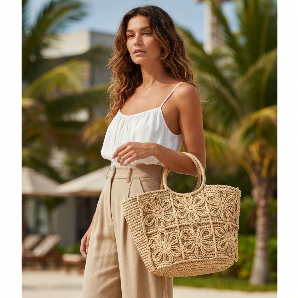Stylish vacation outfit with raffia bag